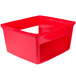 A red Rubbermaid square lid for an outdoor trash can.