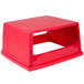 A red plastic square hooded lid with a hole.