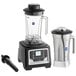 A silver AvaMix commercial blender with a black lid next to a container.