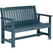 A Nantucket Blue faux wood garden bench with armrests and wooden slats.