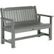 A grey bench with a coastal teak faux wood seat.