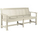 A white faux wood outdoor garden bench with a wooden back and arm rests.