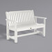 A white outdoor garden bench with a faux wood seat and armrests.