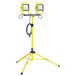 A yellow Lind Equipment light stand with two black and yellow lights on it.