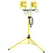 A yellow Lind Equipment light stand with two LED lights.