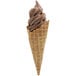 A waffle cone with Frostline chocolate ice cream inside.