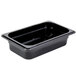 A black plastic Cambro food pan with a lid.