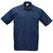 A navy blue Mercer Culinary cook shirt with short sleeves and two pockets.
