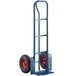 A blue Lavex hand truck with red wheels.