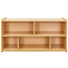 A Tot Mate maple laminate toddler compartment storage with shelves.