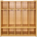 A maple laminate locker with five compartments and two hooks.