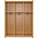 A Tot Mate maple laminate floor locker with three sections and hooks.