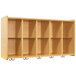 A maple laminate wall cubbie storage unit with shelves.