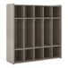 A Tot Mate Shadow Elm laminate floor locker with five sections and shelves with hooks.