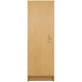 A maple Tot Mate single-door tall laminate cabinet with a handle.