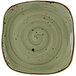 A square Tuxton china plate with a green and brown swirl design.