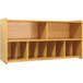 A maple laminate wooden diaper wall storage unit with open shelves.