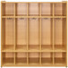 A maple laminate floor locker with 5 sections, each with a shelf and hook.