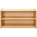 A Tot Mate maple laminate wooden toddler storage shelf with three shelves.