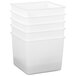 A stack of white Tot Mate small plastic bins.