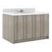 A Tot Mate Shadow Elm laminate bathroom vanity with a white sink on top.