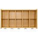 A maple laminate wall cubbie storage unit with four shelves and hooks.