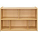 A wooden school compartment storage shelf with shelves.