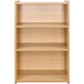 A maple laminate school age storage shelf with three shelves.