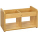 A maple laminate wooden shelf with two compartments.