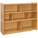 A wooden school age compartment storage unit with shelves.