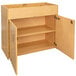 A Tot Mate maple laminate infant changing table with two doors open.