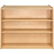 A Tot Mate maple laminate school age storage shelf with shelves on both sides.