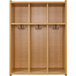 A maple laminate floor locker with three sections and hooks.