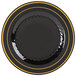 A Fineline black plastic dinner plate with gold bands.