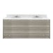 A Tot Mate shadow elm double laminate bathroom vanity with a white countertop and two sinks.