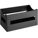 A black rectangular metal napkin holder with two compartments.