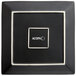 A black square Acopa stoneware plate with white text that reads "Acopa" on it.