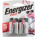 A package of Energizer MAX 9V Alkaline Batteries containing 2 batteries.