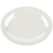 A white oval melamine platter with a round edge on a white background.
