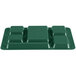 A green rectangular Cambro tray with 6 square compartments.