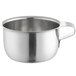 A silver metal Vollrath stainless steel cup with a handle.