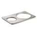 A stainless steel ServIt adapter plate with two holes for steam table insets.