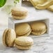A group of White Toque French Pistachio Macarons on a white plate.