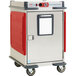 A white and red Metro C5 T-Series heated holding cabinet with wheels.