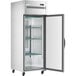 An Avantco stainless steel reach-in refrigerator with glass doors and shelves.
