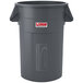 A grey plastic Suncast round trash can with a 44 gallon capacity.