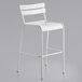 A white bar stool with a metal frame and a backrest.