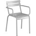 A gray outdoor arm chair with armrests.