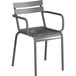 A Lancaster Table & Seating outdoor dining chair with arms and a gray metal frame.