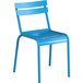 A blue powder-coated metal Lancaster Table & Seating dining chair.